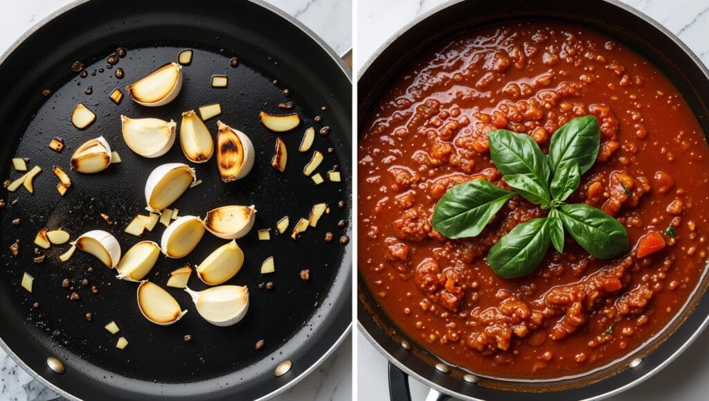 Comparison of burnt spaghetti sauce and perfectly cooked sauce, illustrating common cooking mistakes to avoid.