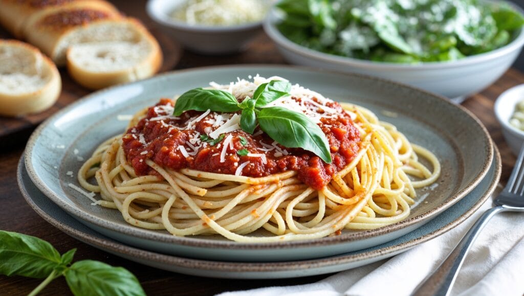 A serving of spaghetti topped with homemade sauce, garnished with Parmesan cheese and basil, accompanied by garlic bread.