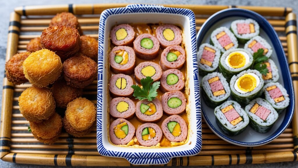 Assorted Spam musubi variations with toppings like avocado, teriyaki sauce, and sesame seeds.
