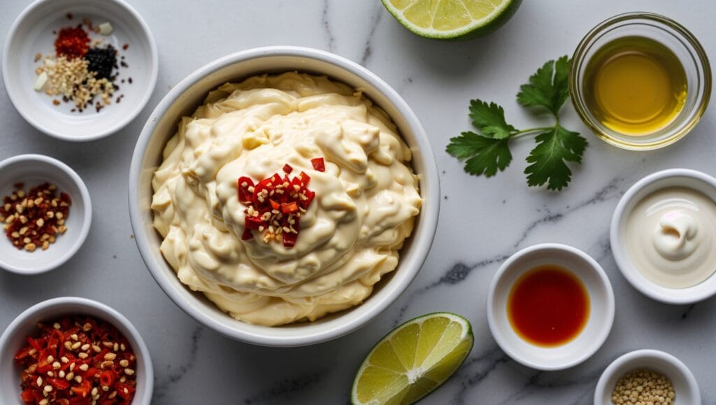 Ingredients for spicy mayo: mayonnaise, Sriracha, soy sauce, lime, sesame oil, and honey.