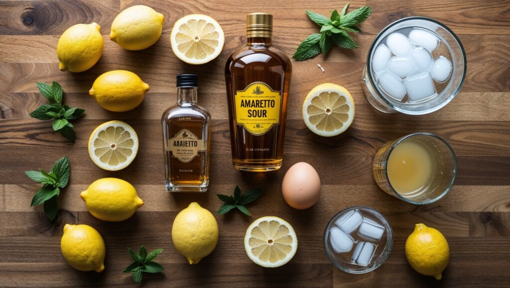 Flat lay of Amaretto Sour ingredients, including amaretto, lemons, syrup, egg, ice, and a cocktail shaker.