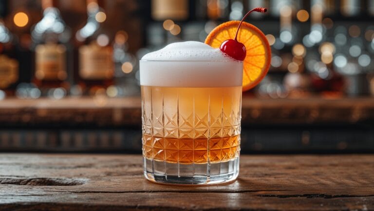 A beautifully crafted Amaretto Sour cocktail garnished with a cherry and orange slice on a rustic bar counter.