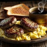 Step-by-step images showing hands mixing sausage ingredients, shaping patties, and cooking them in a skillet until golden brown