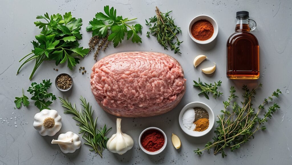 Fresh ingredients for homemade breakfast sausage, including pork, spices, and herbs.
