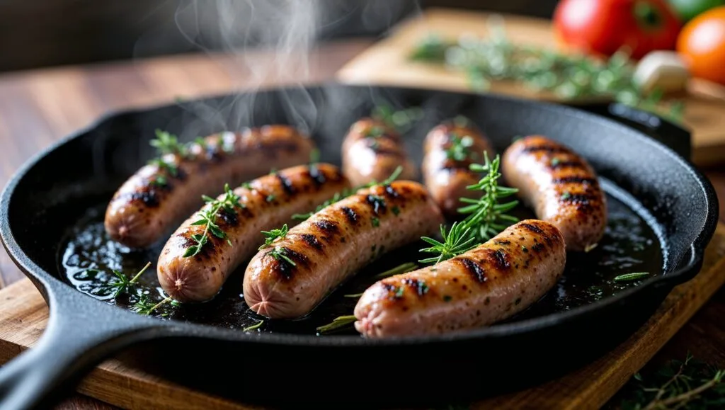 Grilled chicken sausages sizzling in a cast-iron skillet with fresh herbs and steam rising.
