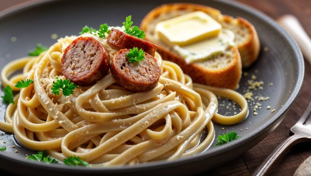 Creamy chicken sausage Alfredo pasta garnished with parsley and served with garlic bread.