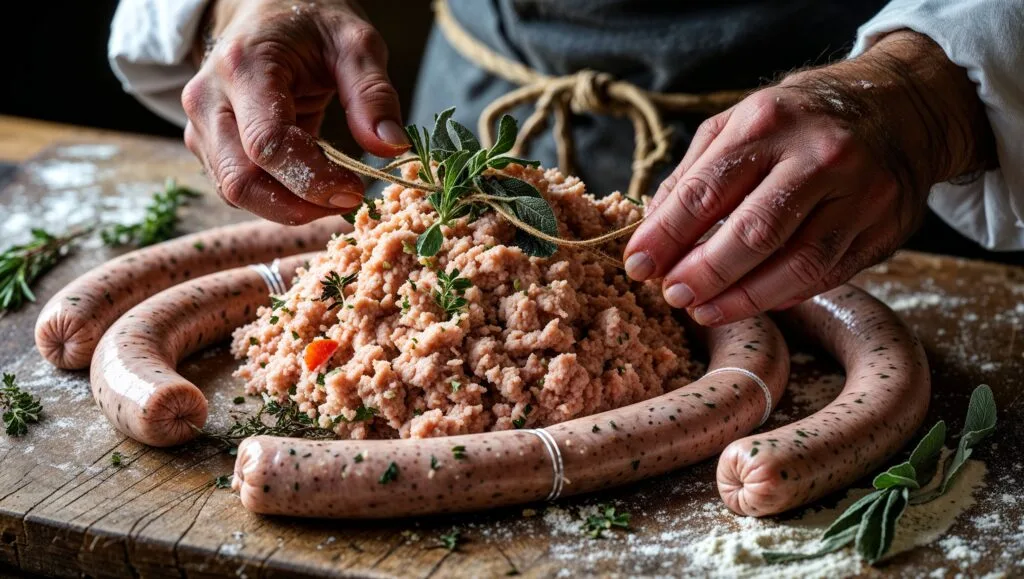Raw chicken sausage preparation with ground chicken, herbs, and spices shaped into sausage links.