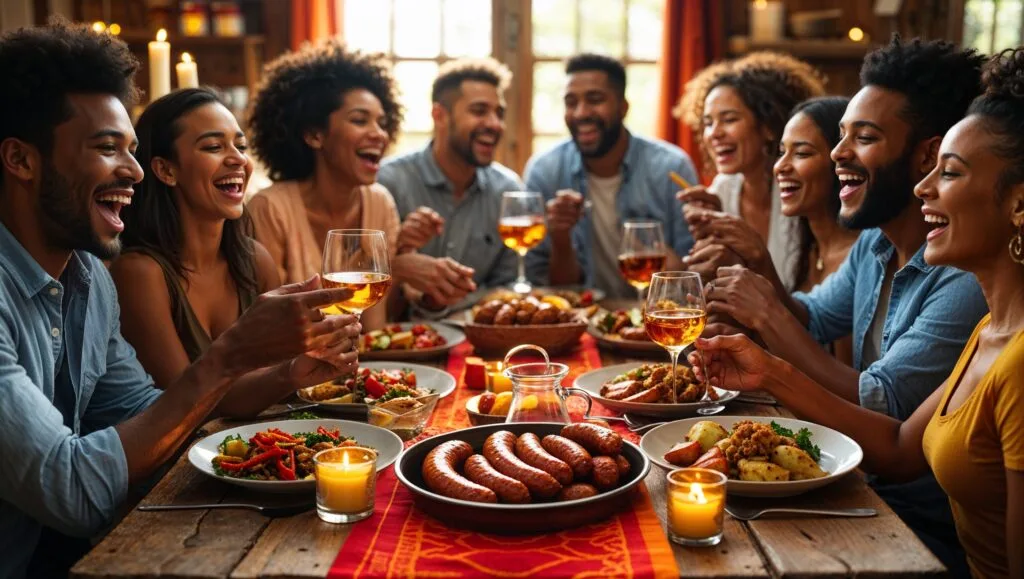 A family enjoying a homemade meal featuring different chicken sausage dishes.
