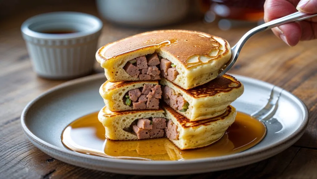 Fluffy pancake bites filled with chicken apple sausage, drizzled with maple syrup.