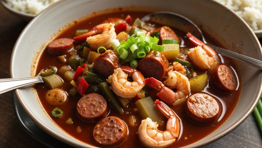 A bowl of Cajun chicken sausage gumbo with shrimp, vegetables, and a side of white rice.