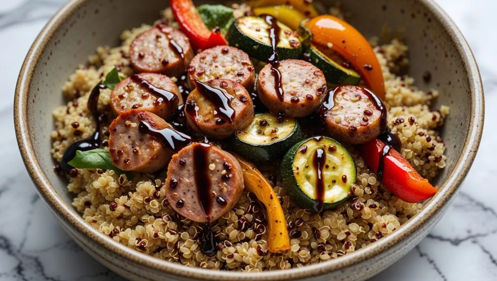 A healthy quinoa bowl with sliced chicken sausage and roasted vegetables, drizzled with balsamic glaze.
