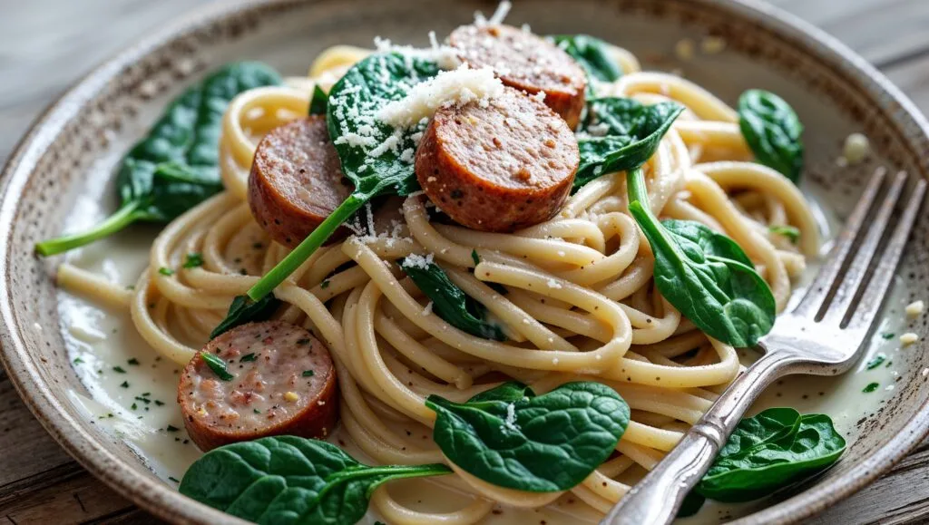 Creamy garlic pasta with chicken sausage slices and spinach, topped with Parmesan cheese.