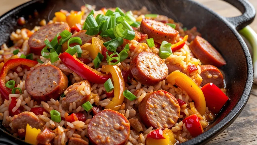 A plate of Cajun chicken sausage jambalaya with rice, bell peppers, and green onions.