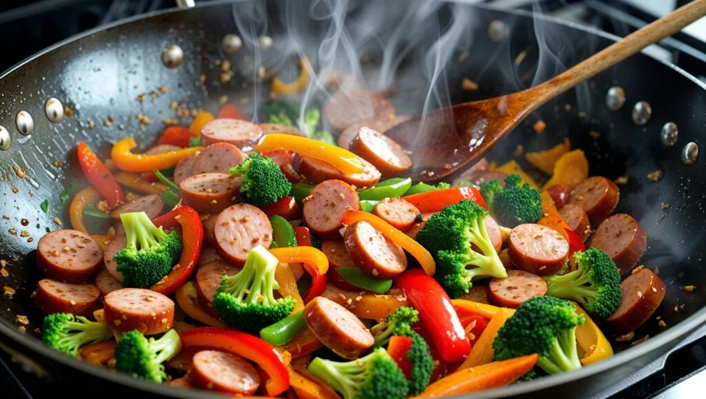 A colorful chicken sausage stir-fry with bell peppers, broccoli, and carrots in a soy-ginger glaze.
