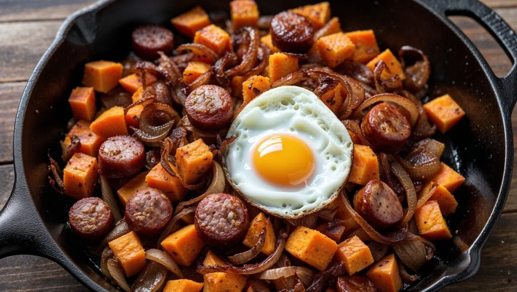 A skillet of chicken sausage and sweet potato hash topped with a sunny-side-up egg.
