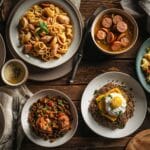 A variety of delicious chicken sausage recipes, including pasta, gumbo, and breakfast muffins, displayed on a rustic wooden table.