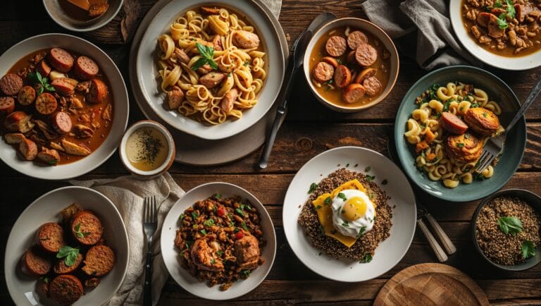 A variety of delicious chicken sausage recipes, including pasta, gumbo, and breakfast muffins, displayed on a rustic wooden table.