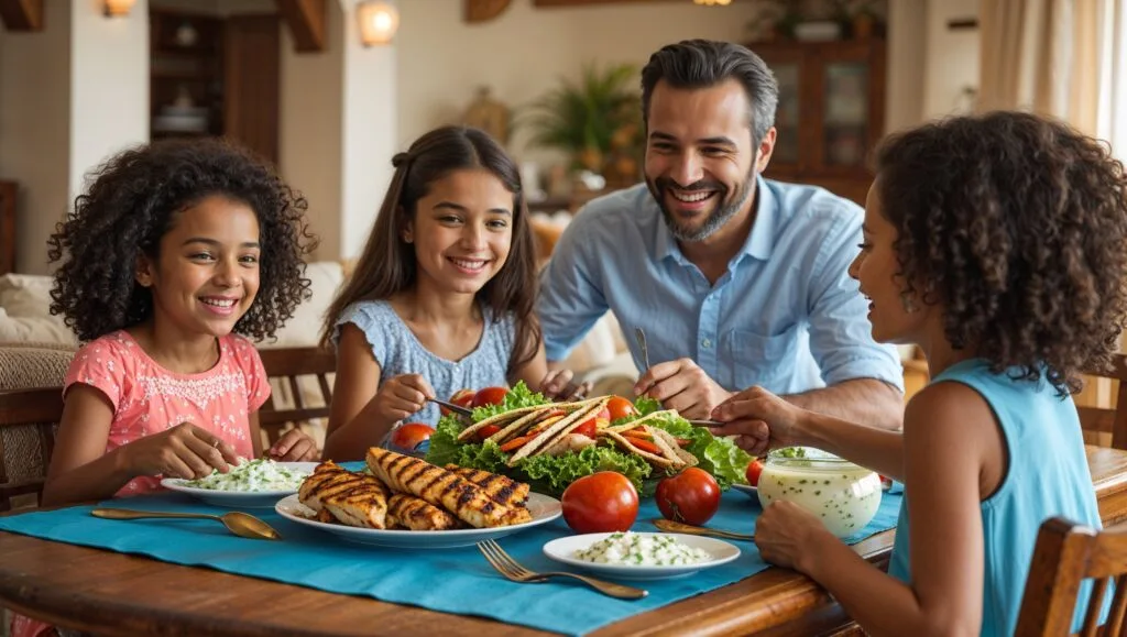 Family sharing a meal of homemade chicken shawarma wraps and bowls.