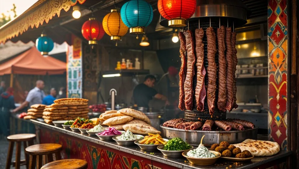 Authentic Middle Eastern shawarma being sliced from a vertical rotisserie.