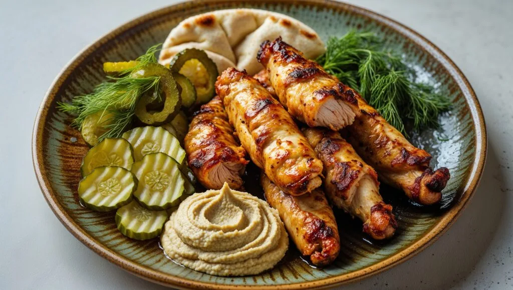Authentic chicken shawarma with crispy edges served with hummus and pita.