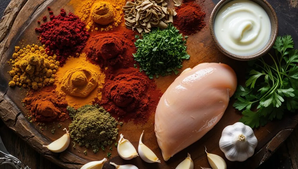 Chicken shawarma ingredients including spices, yogurt, and fresh chicken thighs.