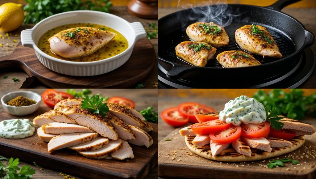 Step-by-step process of making chicken shawarma: marinating, cooking, and slicing.