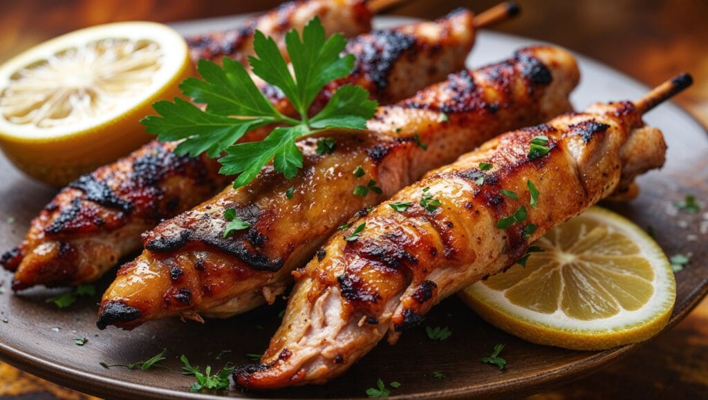 Juicy and charred chicken shawarma with a garnish of fresh parsley and lemon wedges.