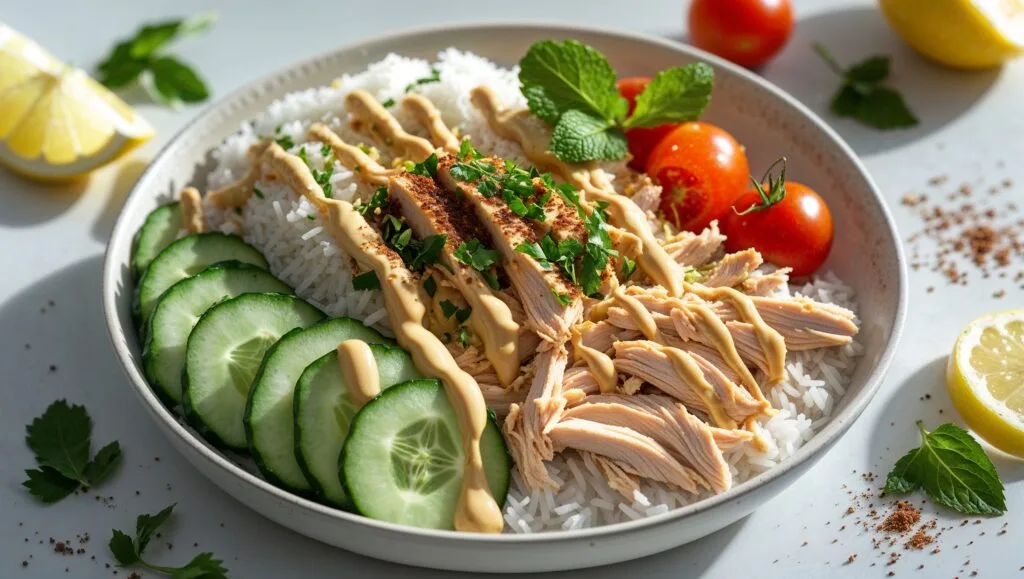 Chicken shawarma bowl with rice, vegetables, and creamy tahini sauce.