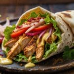 Delicious homemade chicken shawarma wrap with fresh ingredients and garlic sauce.