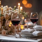 Romantic dinner meals for two with candles, wine, and an intimate table setup.