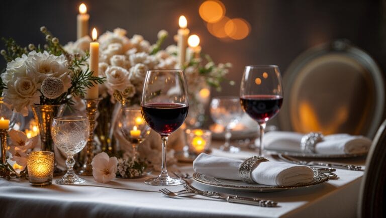 Romantic dinner meals for two with candles, wine, and an intimate table setup.