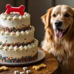 Homemade dog cake with peanut butter frosting, topped with dog-friendly decorations, and a happy golden retriever beside it.