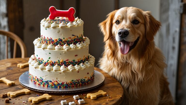 Homemade dog cake with peanut butter frosting, topped with dog-friendly decorations, and a happy golden retriever beside it.