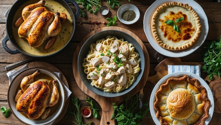 A variety of easy chicken recipes displayed on a rustic wooden table, including baked chicken, pasta, and a pot pie.