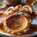 Freshly made crispy fry bread drizzled with honey and powdered sugar on a wooden table.