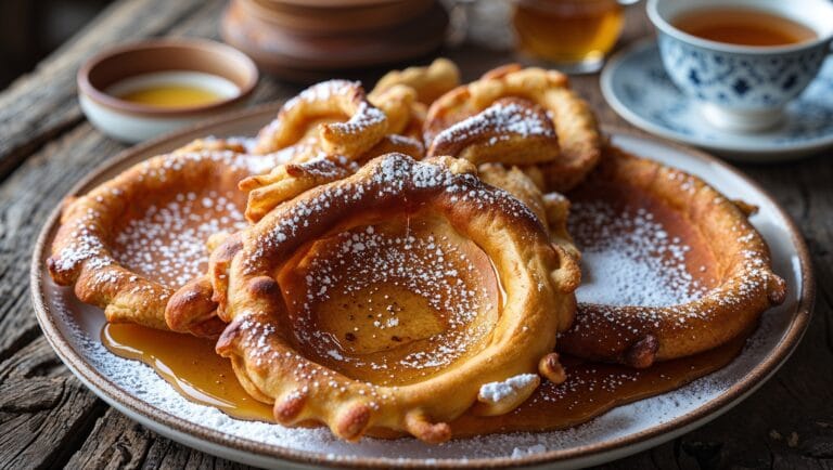 Freshly made crispy fry bread drizzled with honey and powdered sugar on a wooden table.