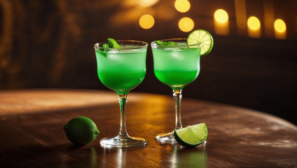 Two gimlet cocktails in coupe glasses clinking in a celebratory toast.