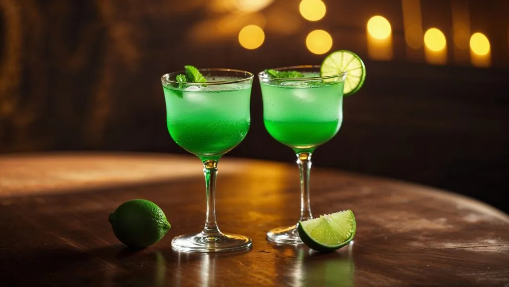 Two gimlet cocktails in coupe glasses clinking in a celebratory toast.