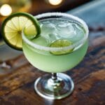 Classic gimlet recipe cocktail in a coupe glass with lime garnish.