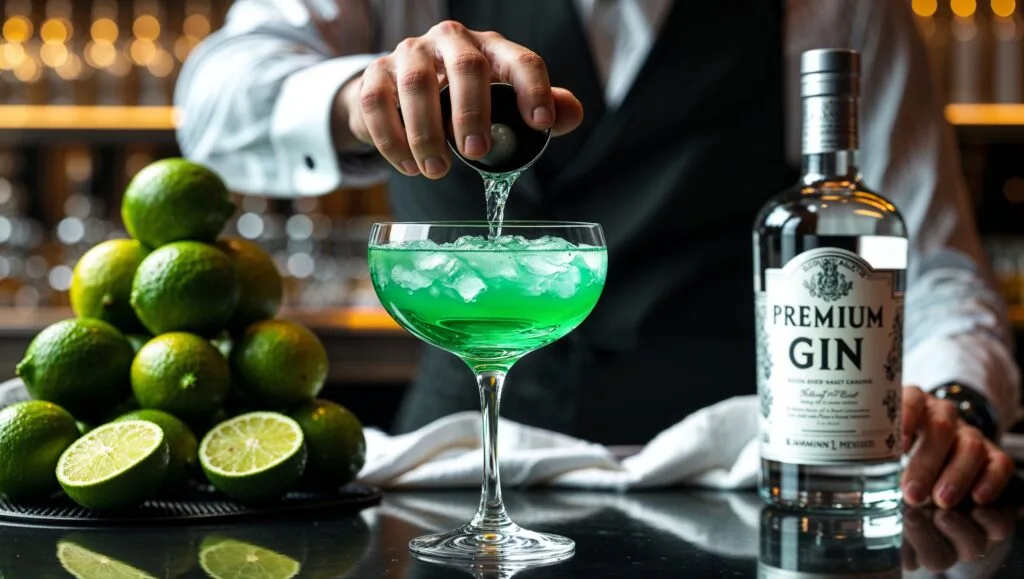 Bartender pouring a fresh gimlet cocktail into a coupe glass.