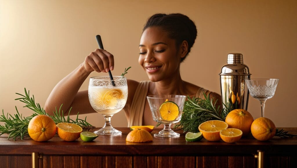 Home bartender preparing a fresh gimlet cocktail with gin, lime, and simple syrup.