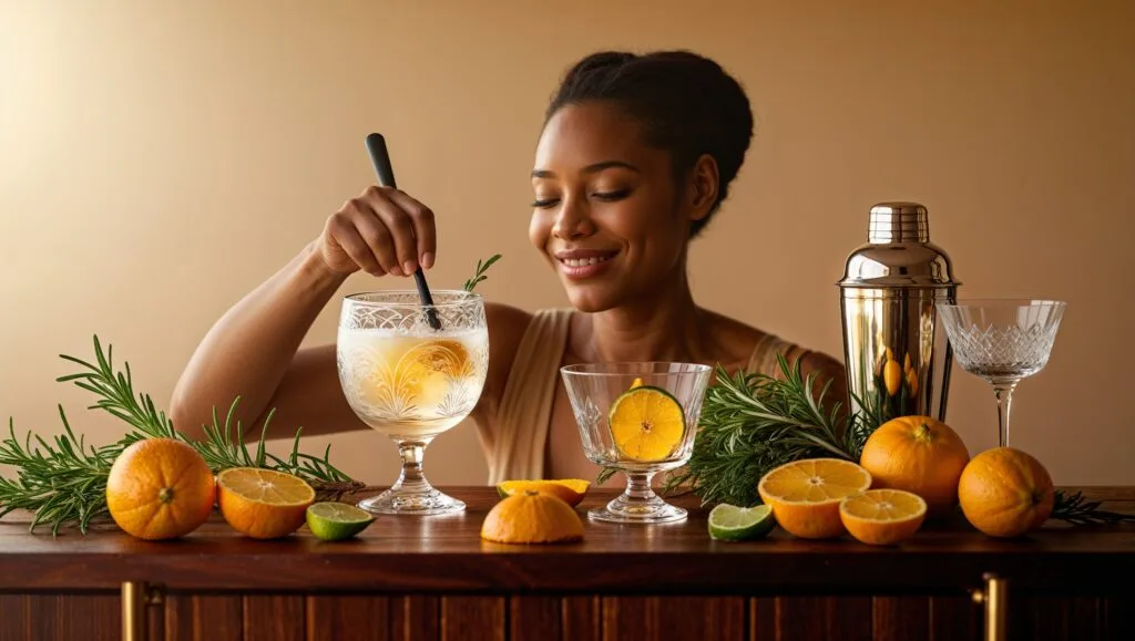 Home bartender preparing a fresh gimlet cocktail with gin, lime, and simple syrup.