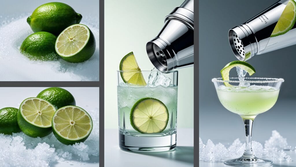 Step-by-step process of making a gimlet cocktail with gin, lime, and simple syrup.