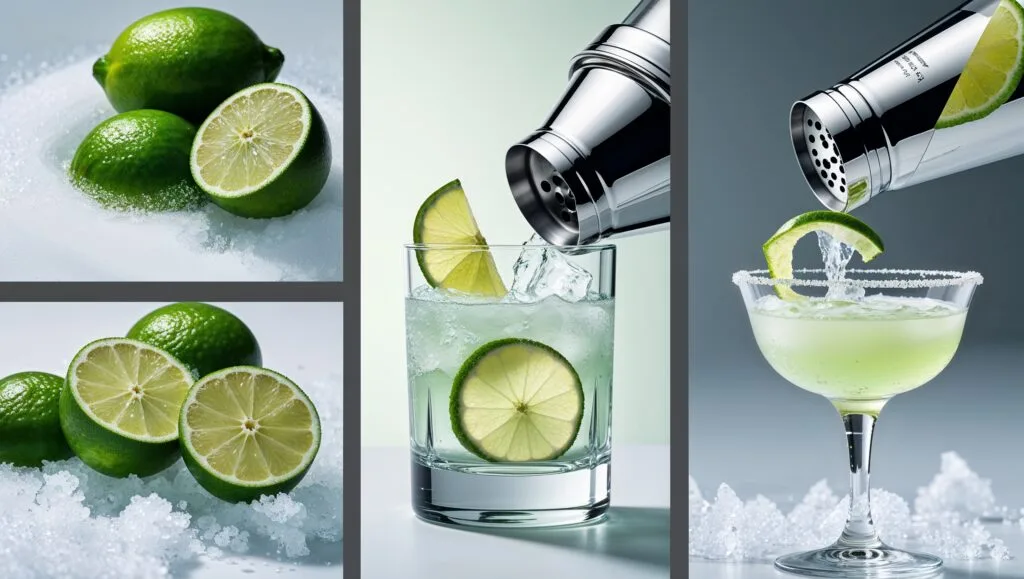 Step-by-step process of making a gimlet cocktail with gin, lime, and simple syrup.