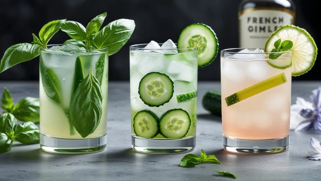 Basil, cucumber, and French gimlet cocktails displayed side by side with unique garnishes.