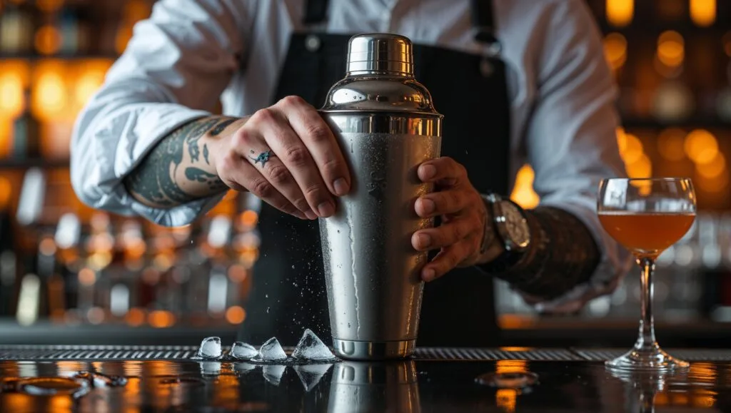 Bartender shaking a gimlet cocktail to achieve the perfect chill and blend.