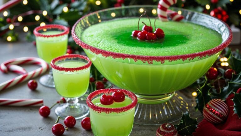 Festive Grinch Punch in a punch bowl with Christmas decorations around it.