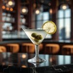 A perfectly crafted martini in a chilled glass, garnished with an olive and a lemon twist.