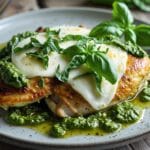 Delicious pesto chicken recipe with basil pesto, melted cheese, and fresh basil on a white plate.