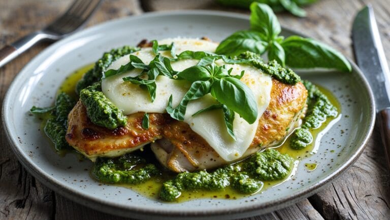 Delicious pesto chicken recipe with basil pesto, melted cheese, and fresh basil on a white plate.